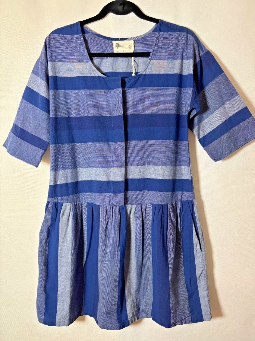 Boho Blue Striped Cotton Dress XS Short Sleeve .  Kopal. New